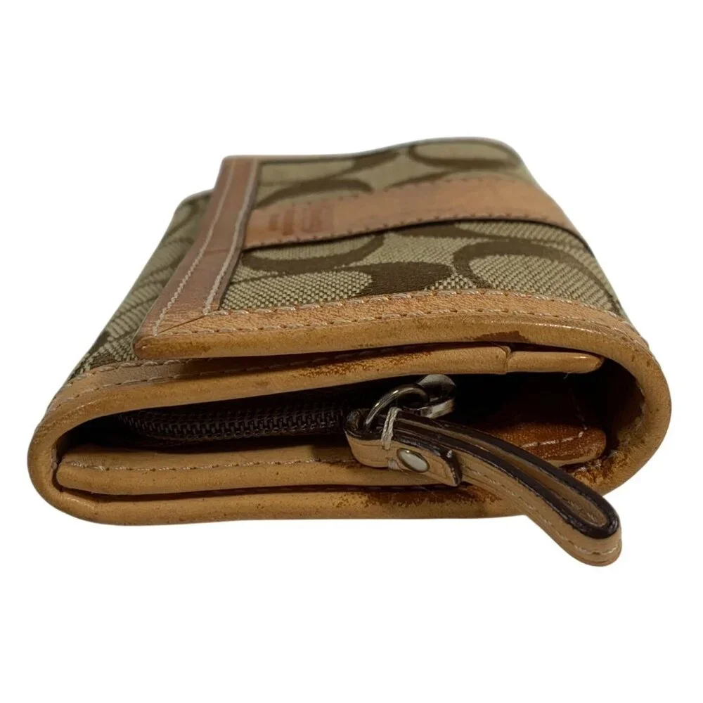 COACH Signature Logo Jacquard Bifold Wallet Tan Leather Trim + Zipper Pouch
